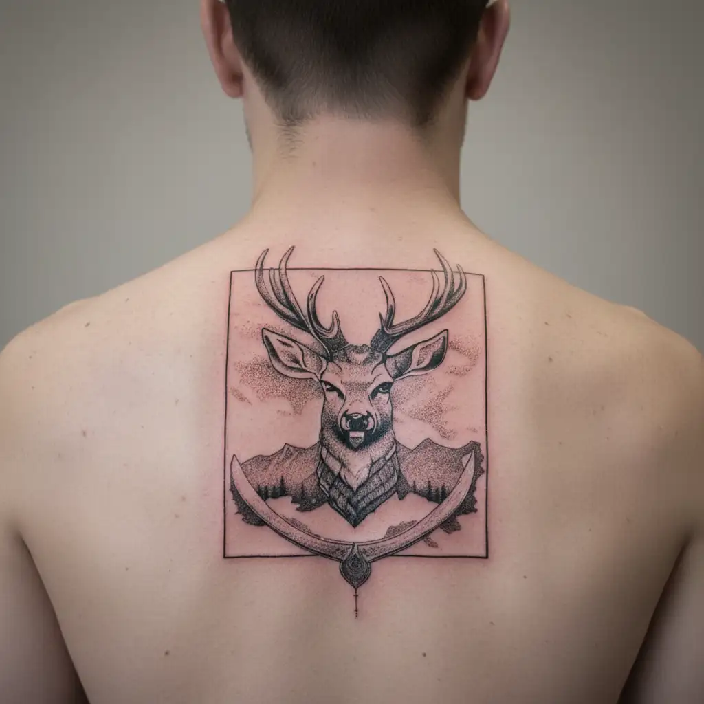 viking slave, deer, axe , forest tattoo design idea