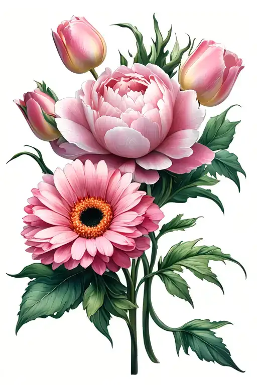tulip, peony, gerbera flower intertwined tattoo design idea