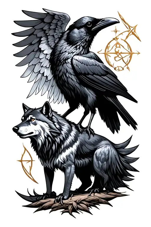 crow with a wolf and the sign of gemini with wings tattoo design idea