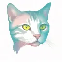 Skinny female tabby cat portrait, Electric Neon Wave sunset, spot on face, tattoo design idea