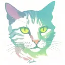 Skinny female tabby cat portrait, Electric Neon Wave sunset, spot on face, tattoo design idea