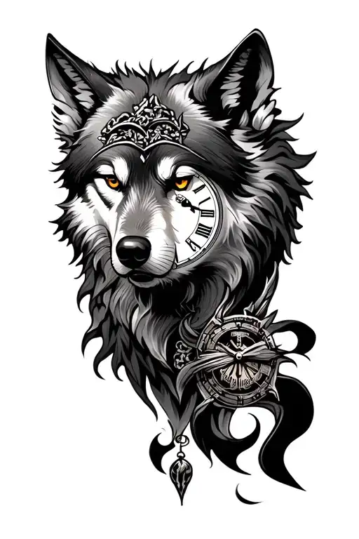 Wolf and Roman clock and Fôret tattoo design idea