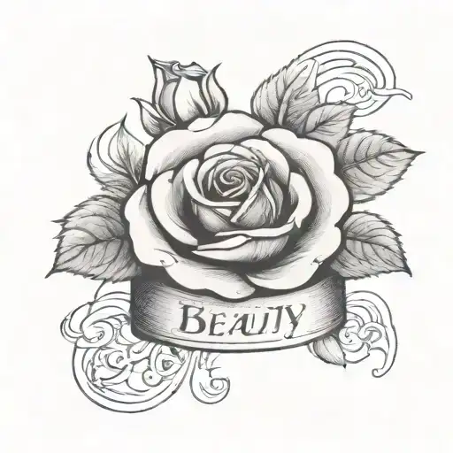 small rose from beauty and the beast in a container with the word beauty in cursive  tattoo design idea