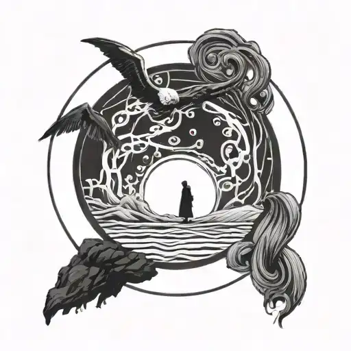 Black and white illustration of a sandman standing in front of a large white circle.  tattoo design idea
