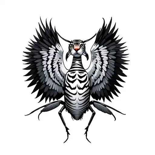 ant with tiger print and swan wings spread wide tattoo design idea
