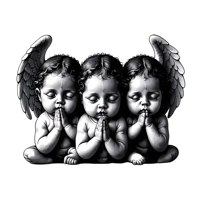 three baby angels with their eyes covered and their praying hands tattoo design idea