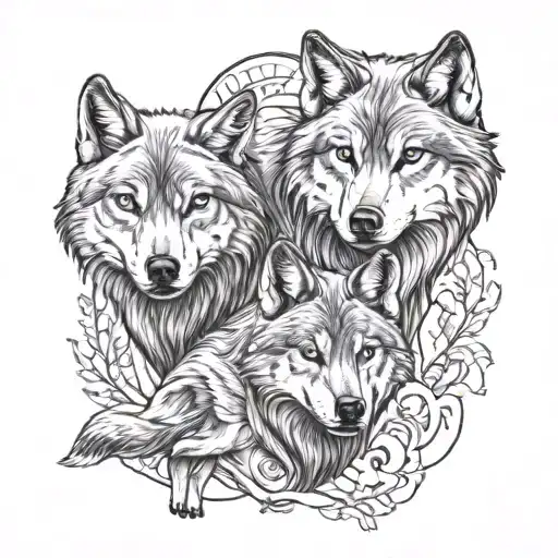 2 adult wolves with 2 welps, high detail tattoo design idea