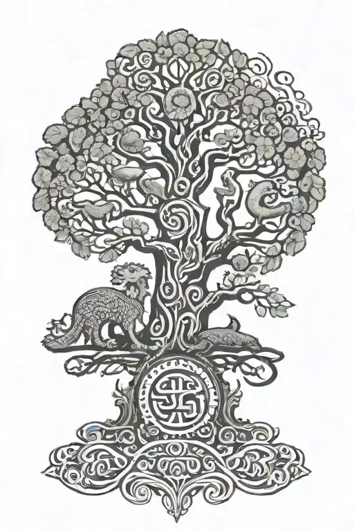 yggdrasil tree sorrounded by Jörmungandr eating his own tail like Uroborus with aztec motifs and style tattoo design idea