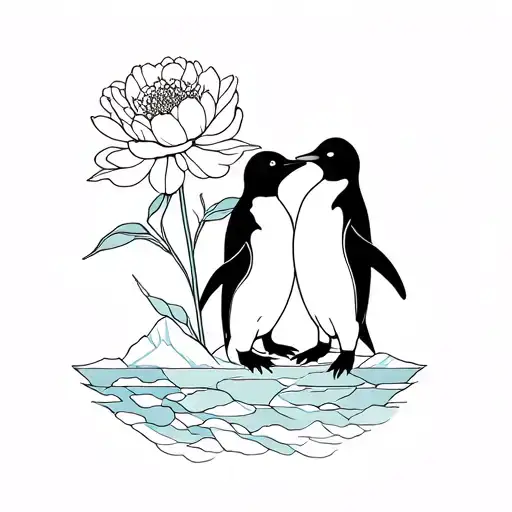 pair penguins in love under long stem peony on iceberg tattoo design idea