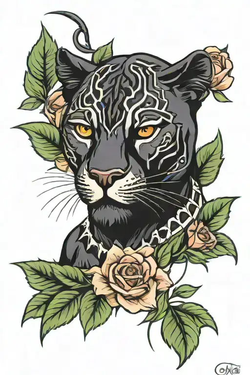 black panther with roses tattoo design idea