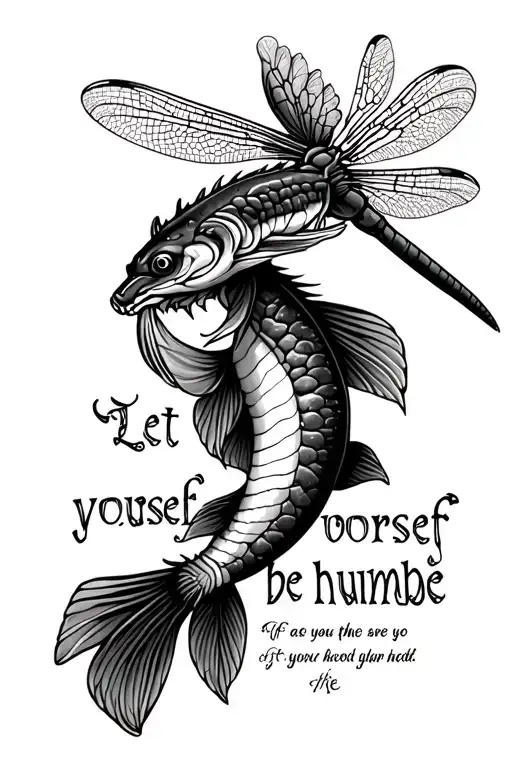 "Let yourself be humble " A northern pike with a dragon fly With a quote on forearm tattoo design idea