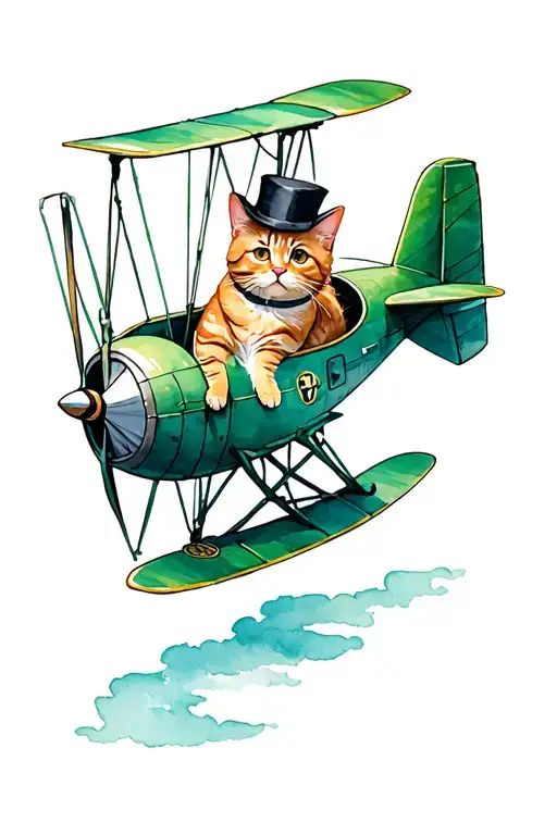A proud ginger tabby cat wearing a small tilted top hat, sitting inside a small whimsical green seaplane with a silver p tattoo design idea