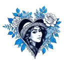 Simple heart Mexican Talavera style blue ink fine lines Tattoo with roses and Mexican lady fine lines everything connect tattoo design idea