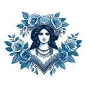Simple heart Mexican Talavera style blue ink fine lines Tattoo with roses and Mexican lady fine lines everything connect tattoo design idea