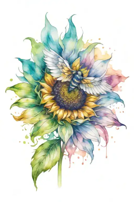 single sunflower watercolor tattoo with one falling angel-wing  tattoo design idea