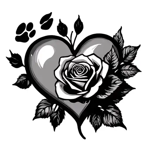 heart with rose intertwined and dog paw print fine line tattoo design idea