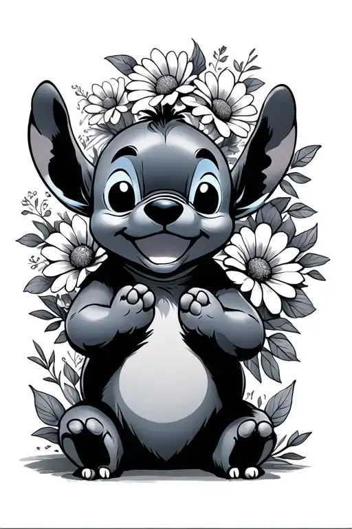 stich, winnie pooh, sitting in flowers tattoo design idea