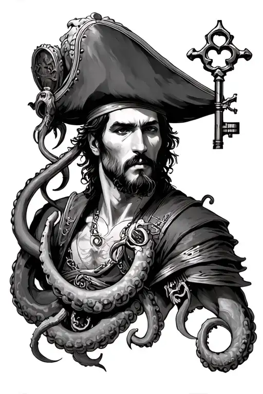 Davi Jones, from the pirates, a sketch on his shoulder, in the tentacle holds the key to the chest tattoo design idea