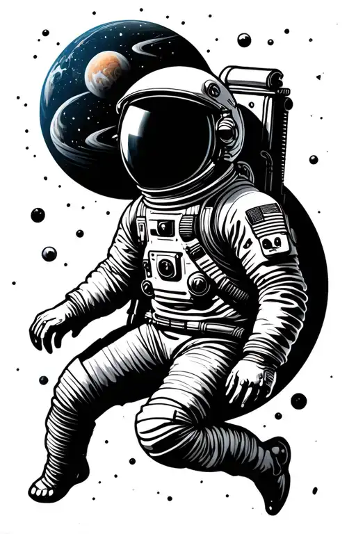 astronaut floating in space planet surrounded tattoo design idea