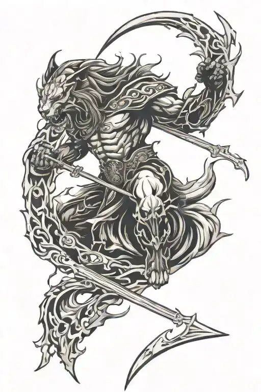 Zodiac signs Leo and Pisces with Grim Reaper and flames around tattoo design idea