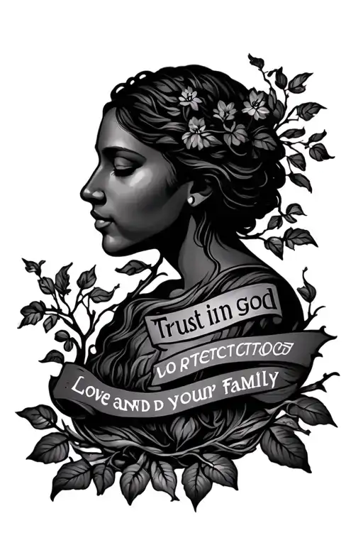 trust in god, love and protect your family tree tattoo design idea