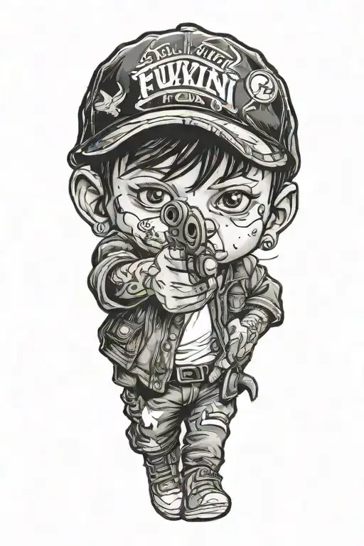 gangster kid pointing a gun saying where's the fuvkin candy? tattoo design idea