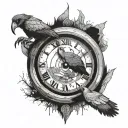 broken clock on a specific time, a vulture, a child holding his mother hand fading or the mother going up tattoo design idea