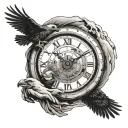 broken clock on a specific time, a vulture, a child holding his mother hand fading or the mother going up tattoo design idea