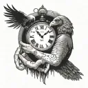 broken clock on a specific time, a vulture, a child holding his mother hand fading or the mother going up tattoo design idea