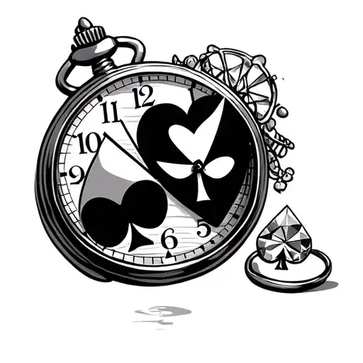 Pocket watch with heart, spade, diamond nd club badge tattoo design idea
