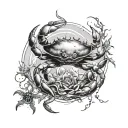 Create a picture of a tattoo conclusion water where a crab swims from it a tree of life one side ephemeral tattoo design idea