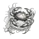 Create a picture of a tattoo conclusion water where a crab swims from it a tree of life one side ephemeral tattoo design idea
