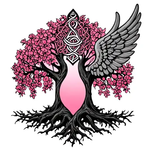 Tree of life with pink and Celtic sign of maternity and swallowing angel wing tattoo design idea