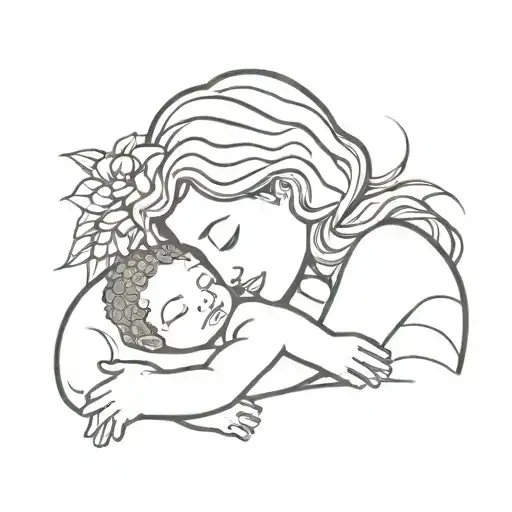 child and mother embrace with a turtle and flower incorporated into the child's curly hair tattoo tattoo design idea