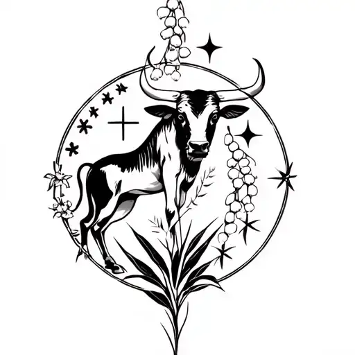astrological bull, stars, lily of the valley and dancer on the right shoulder tattoo design idea