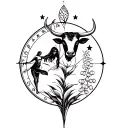 astrological bull, stars, lily of the valley and dancer on the right shoulder tattoo design idea