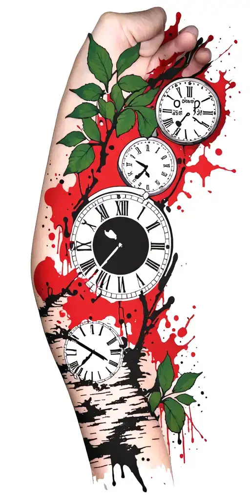 birch branches with green leaves with only three clocks integrated into it for an arm sleeve tattoo design idea