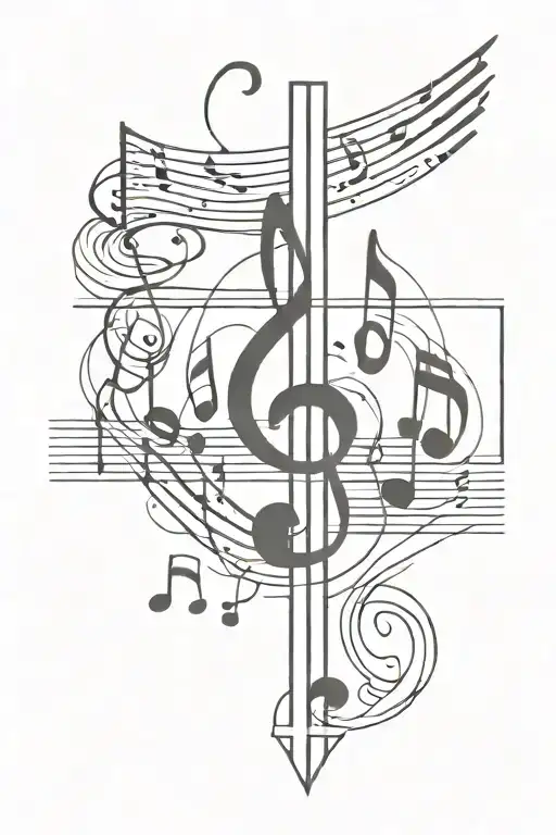 music notes and catholic cross and ark angle  tattoo design idea