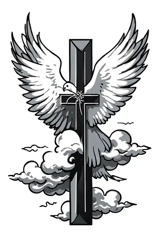cross , bible verse , dove , clouds tattoo design idea