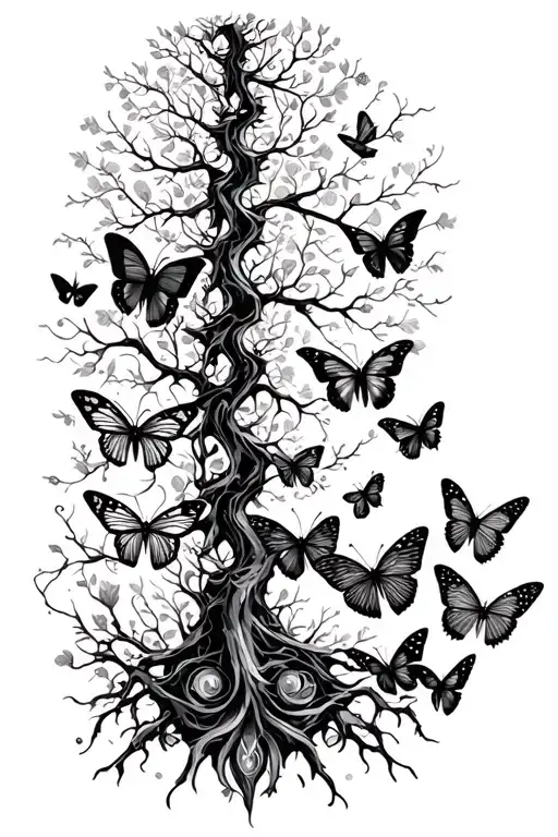 Geographic black and white tattoo to go on spine. Family tree, butterflies. Gothic style tattoo design idea