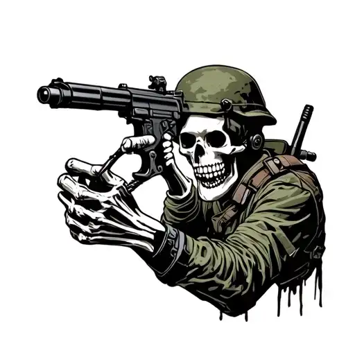 A Soldier in battle turning into a skeleton hand holding a machine Gun tattoo design idea