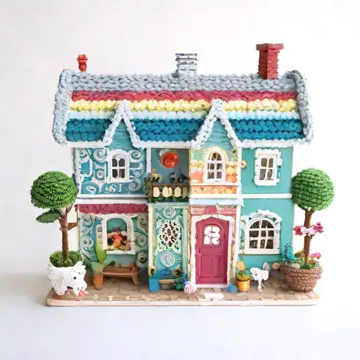 A miniature dollhouse with intricate details and tiny animals inside, surrounded by colorful crochet patterns tattoo design idea