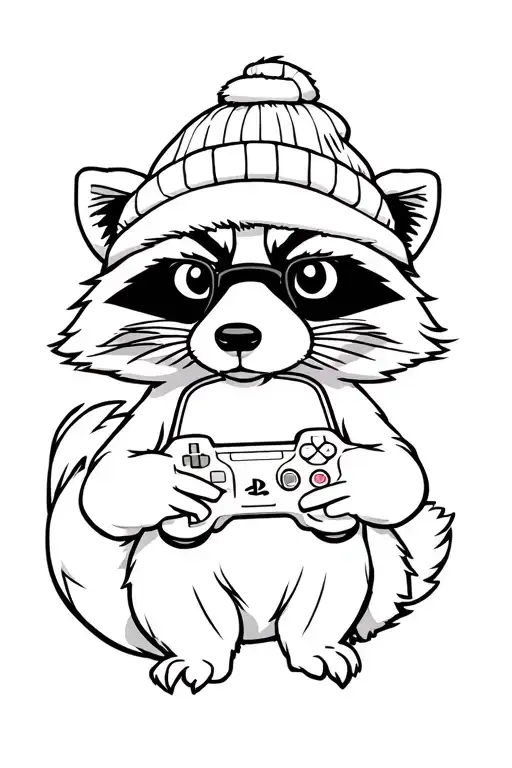 a full sitting raccoon with a beanie and nerd glasses holding a PlayStation controller like he is playing it.  tattoo design idea