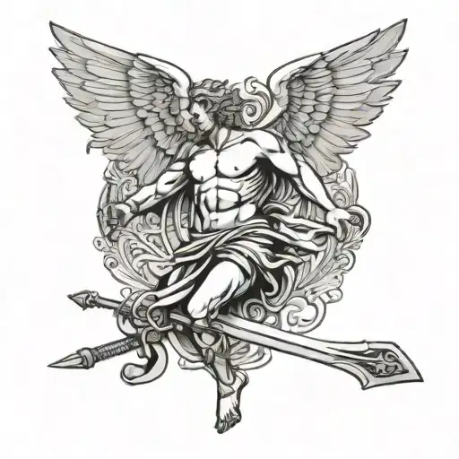 greek god with wings and sword tattoo design idea