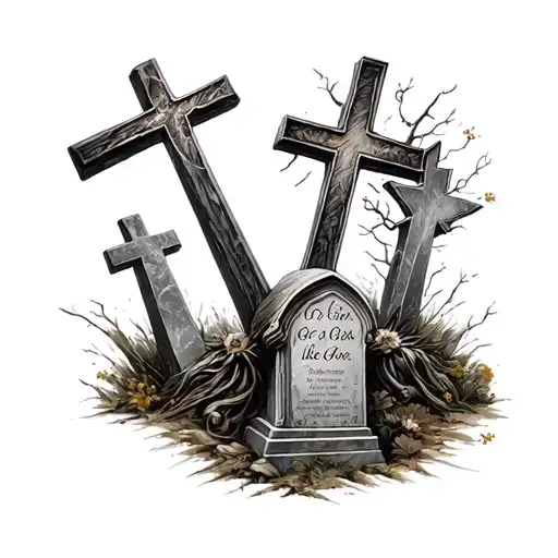 Make a sleeve in the style of realism, starting from the bottom up, there should be two crosses of the tombstones and go to God like this tattoo design idea