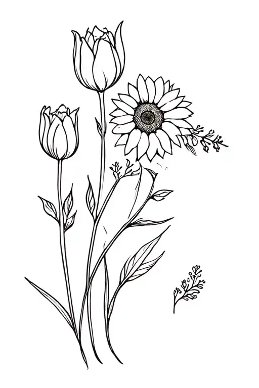 primrose , lavender, tulips, sunflowers growing tattoo design idea