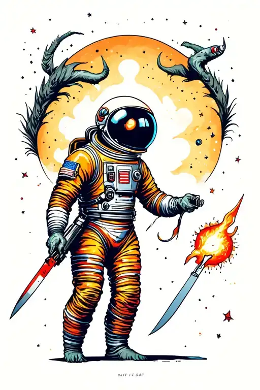 spaceman stabbing cosmic monster tattoo design idea