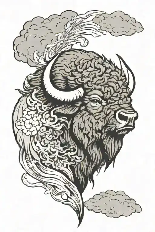 black and grey bison head going into the storm tattoo design idea