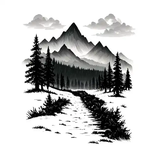 mountains and dark trees and a small pathway in the forest tattoo design idea