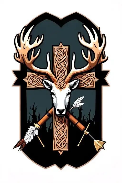 Celtic cross with elk head and crossed arrow and fly rod tattoo design idea